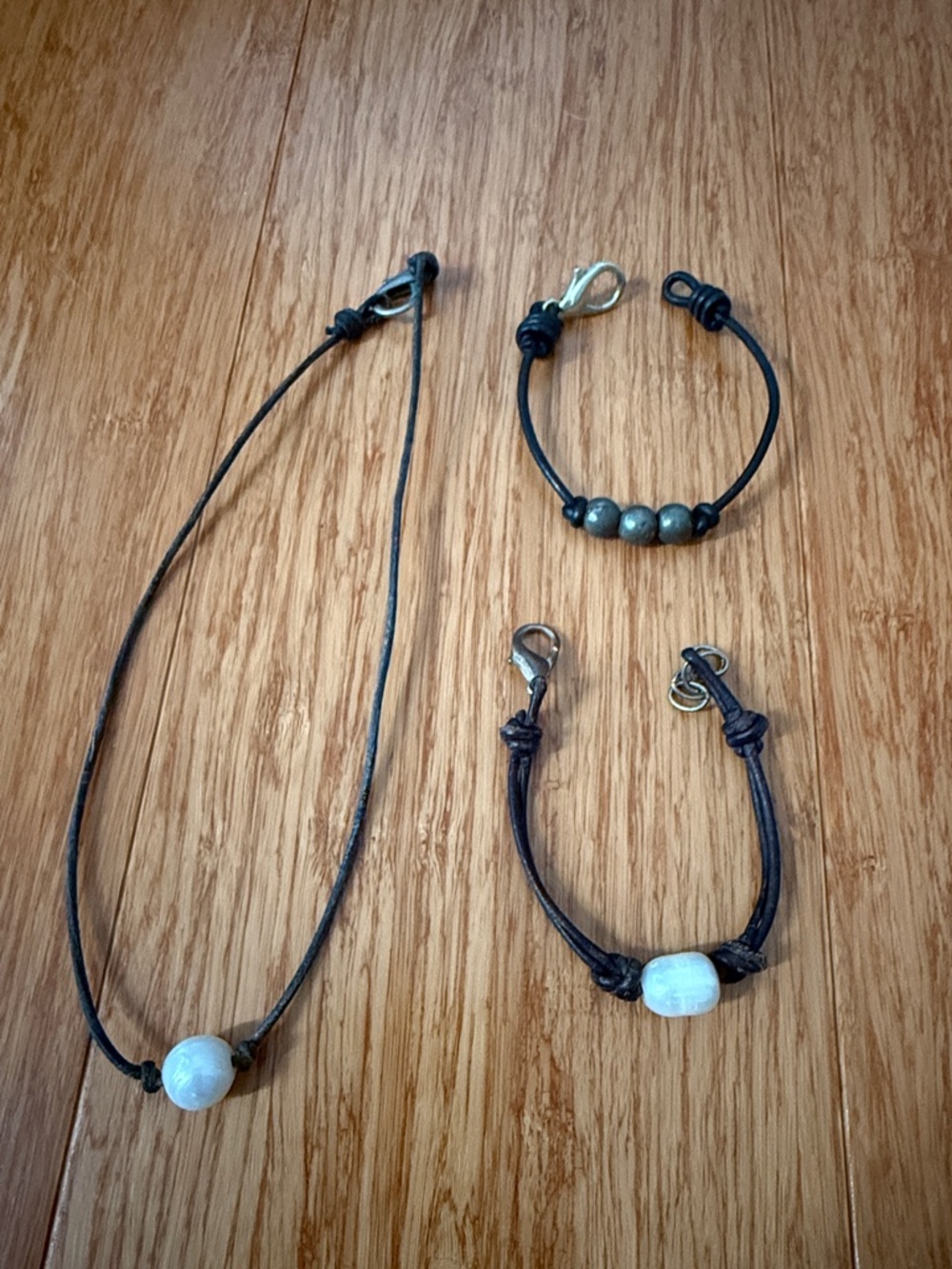 Handcrafted Pearl and Metal Bead Leather Necklace and Bracelets - Neutral